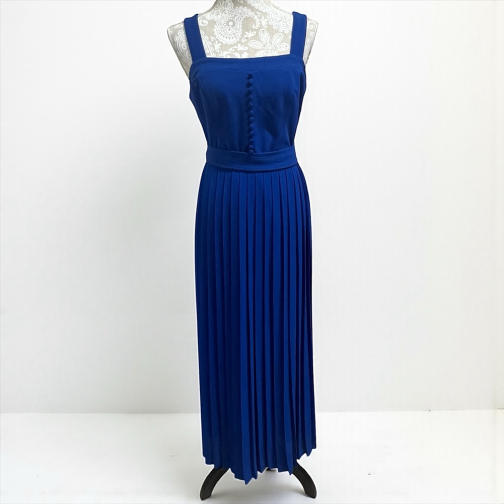 Boston Proper Royal Blue Pleated Maxi Dress Size 6 Belted Square Neck